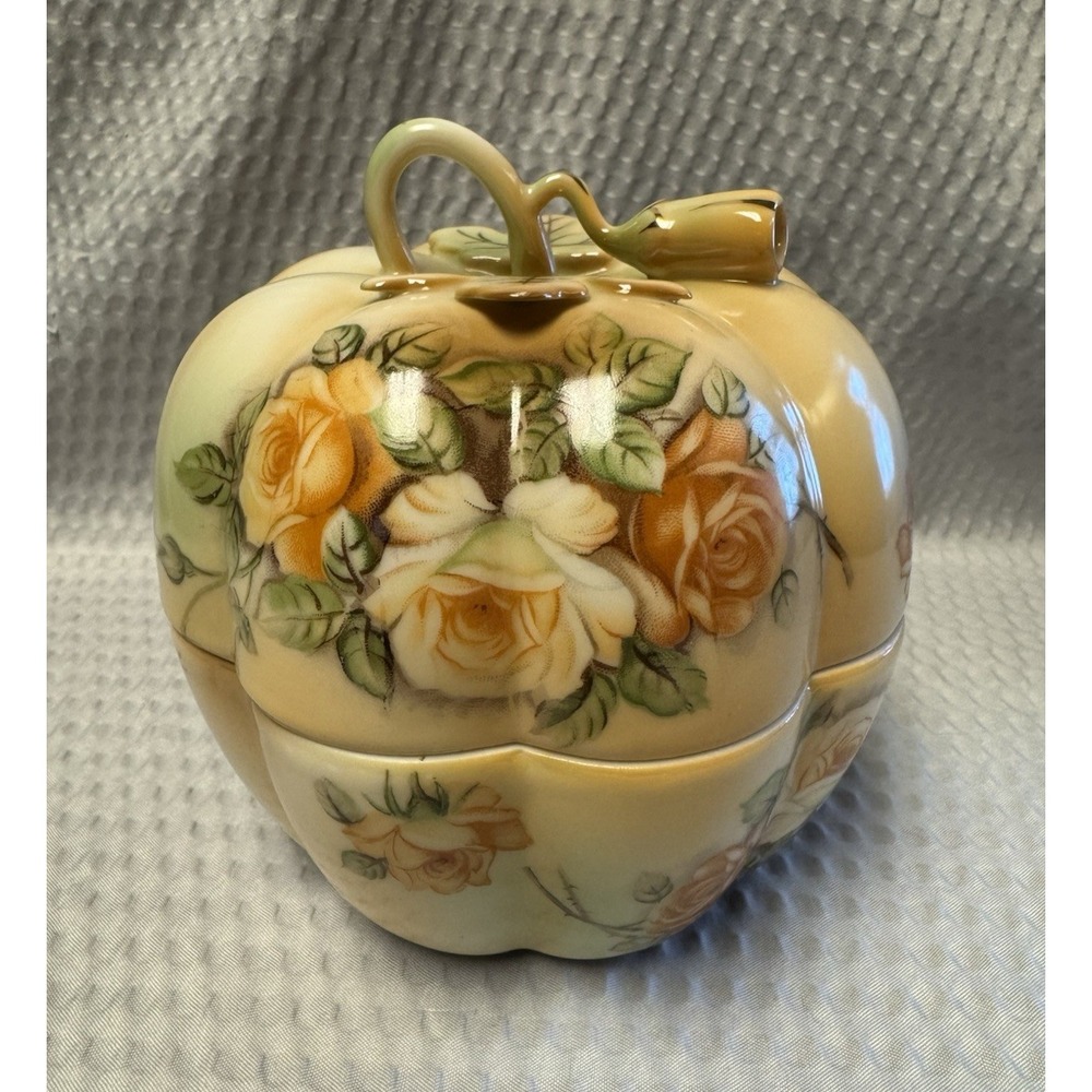 RS Prussia Pumpkin Covered Candy Dish Floral Luster Porcelain Box 1960s Repoduct